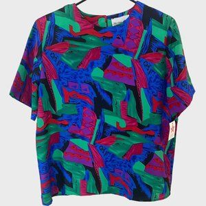 Vintage 80's Heritage Road Retro Abstract Multicolor Print Top Womens Medium New